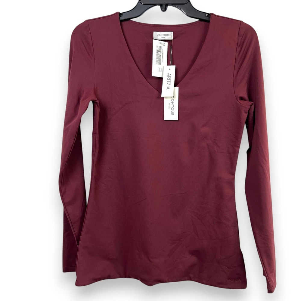 NWT Aritzia Contour V Neck Long Sleeve Top Women Large Burgundy Minimal Capsule